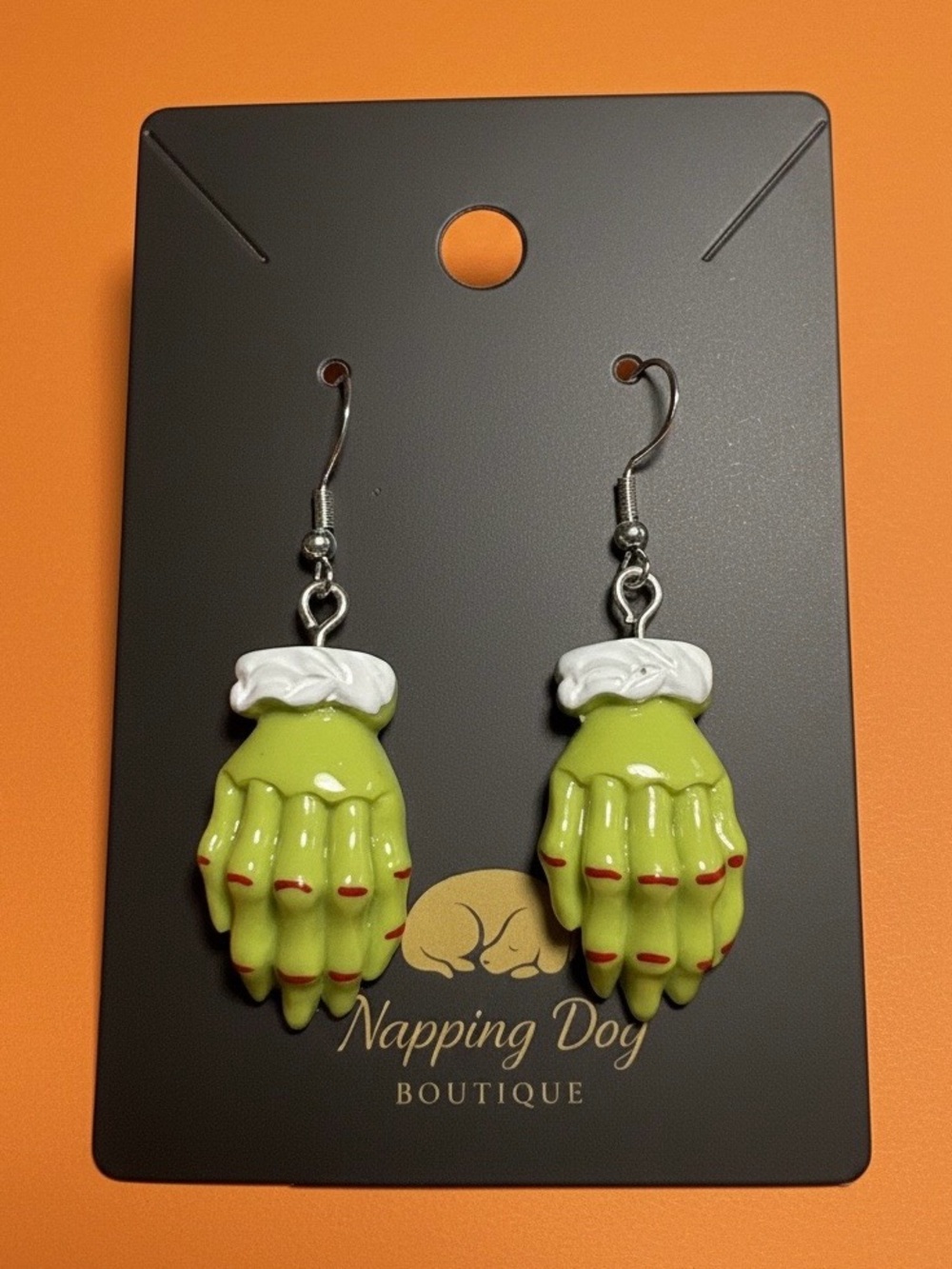 Green Hand Charm Drop Earrings